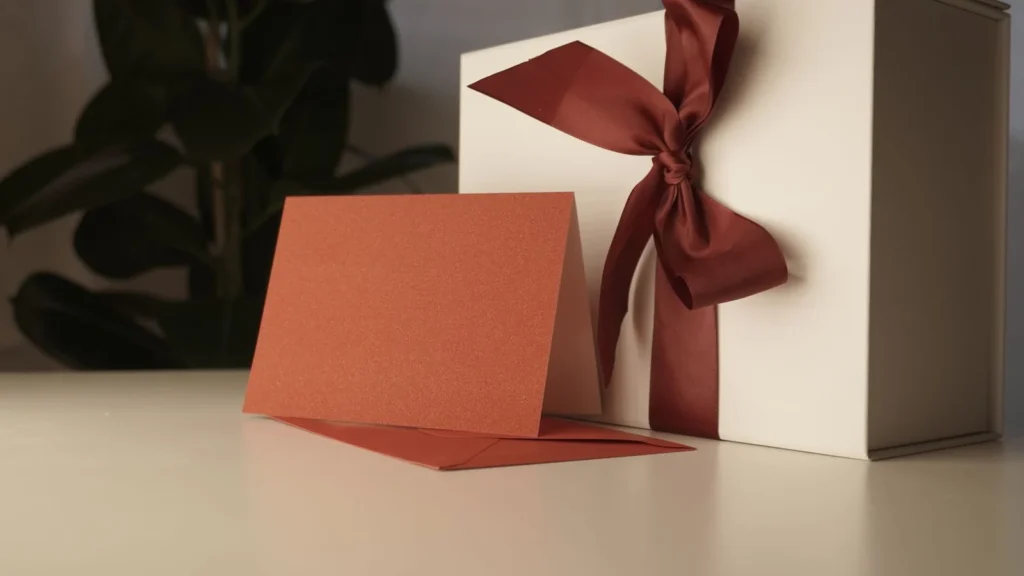White gift box with red ribbon and greeting card on a table indoors. — selected for United Kingdom readers