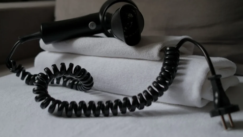 A coiled hair dryer placed on folded white towels, suggesting a hotel setting. — selected for United Kingdom readers
