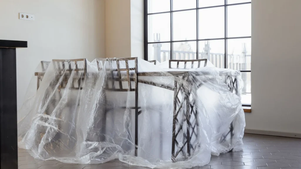 Dining chairs and table covered in plastic, a new home interior ready for moving in. — selected for United Kingdom readers