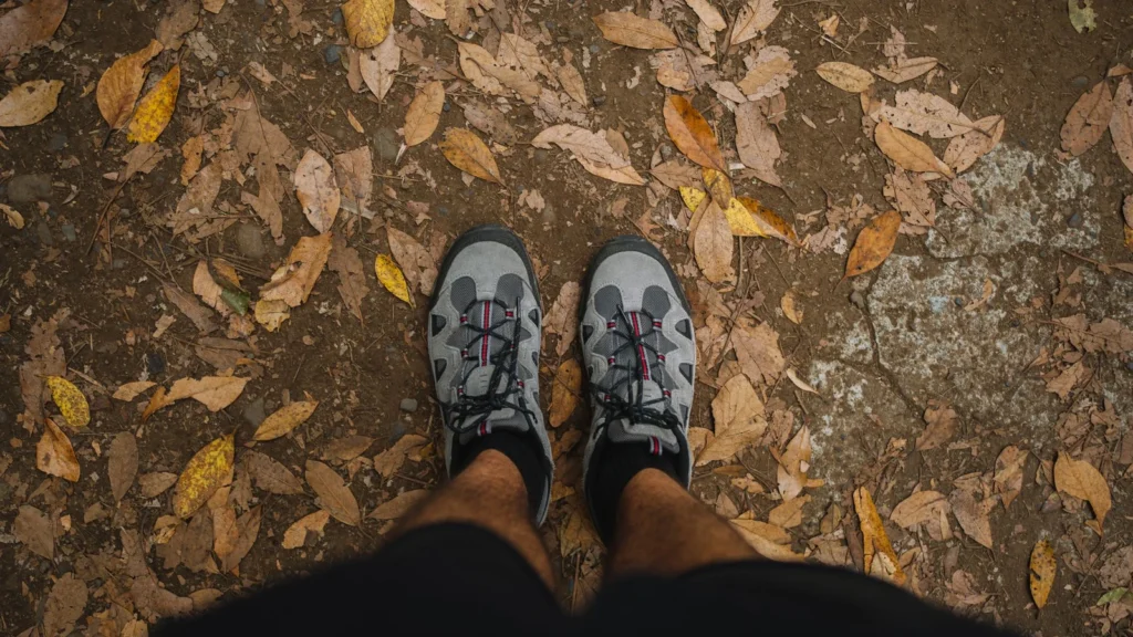 Close-up view of hiking shoes on a leafy trail, ideal for outdoor adventure themes. — selected for United Kingdom readers