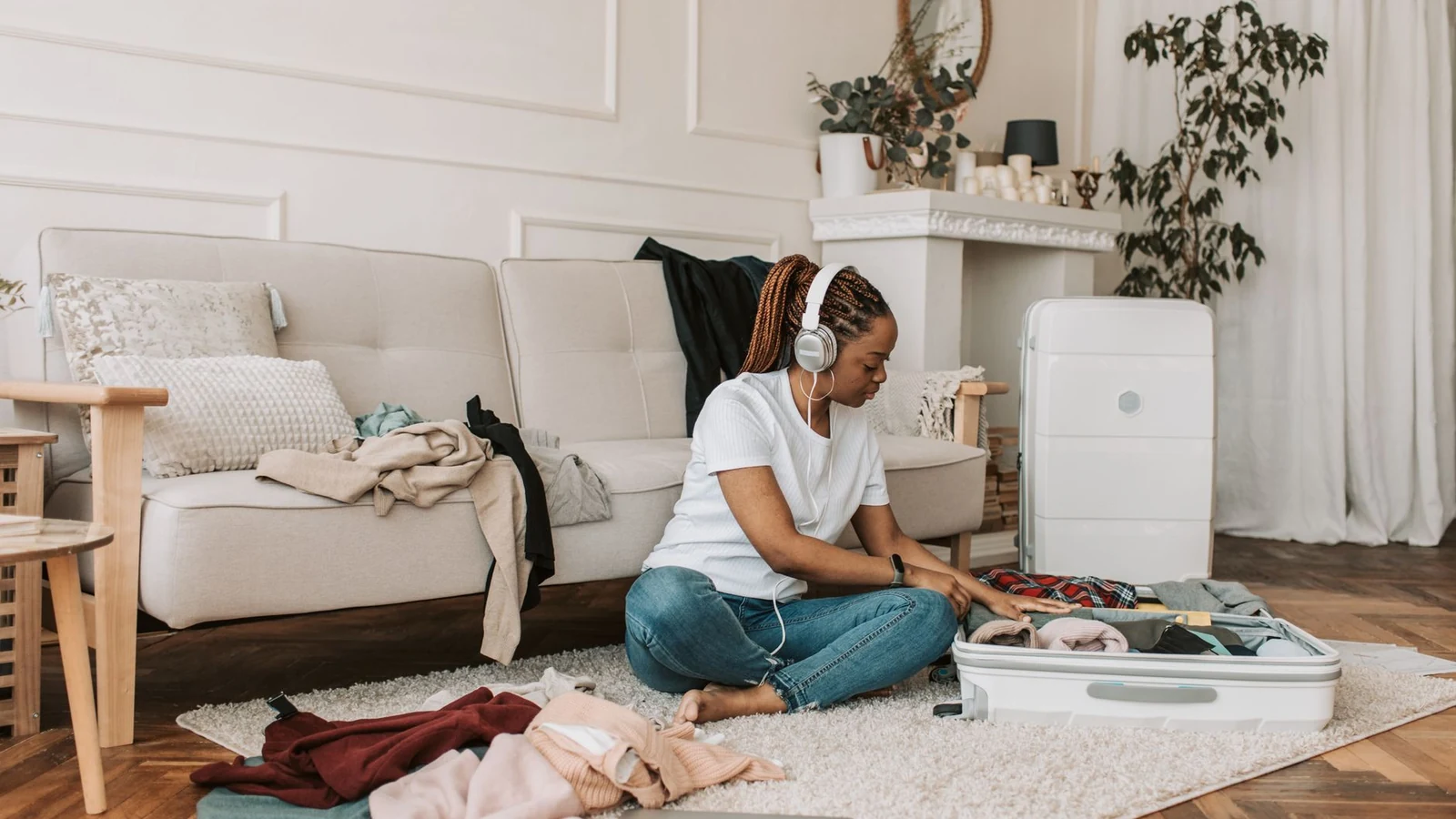 A woman with headphones packing a suitcase in her stylish living room, preparing for travel. — selected for United States readers